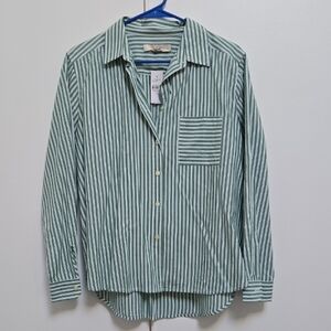 LOFT Women's Green Striped Button Down Shirt